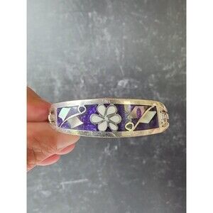 Alpaca Mexico Abalone Shell Enamel Floral Hinged Bangle Bracelet Vintage